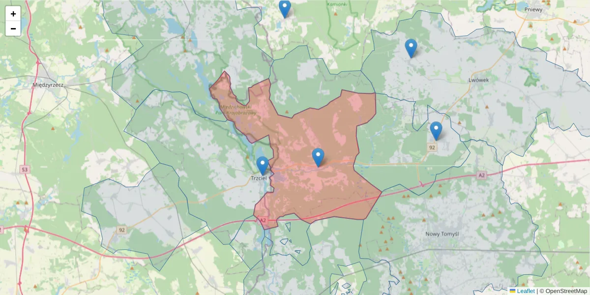 Szczegółowa mapa kodu pocztowego 64-361 z granicami, sąsiednimi kodami pocztowymi i urzędami pocztowymi