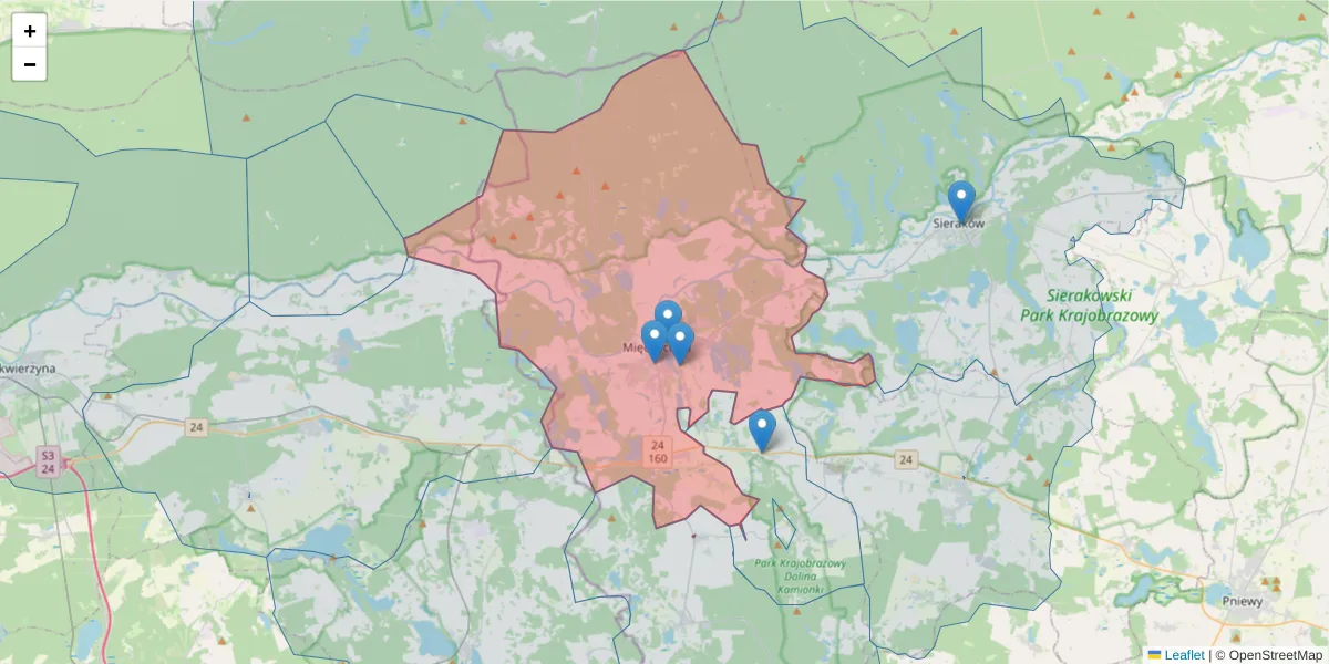 Szczegółowa mapa kodu pocztowego 64-400 z granicami, sąsiednimi kodami pocztowymi i urzędami pocztowymi