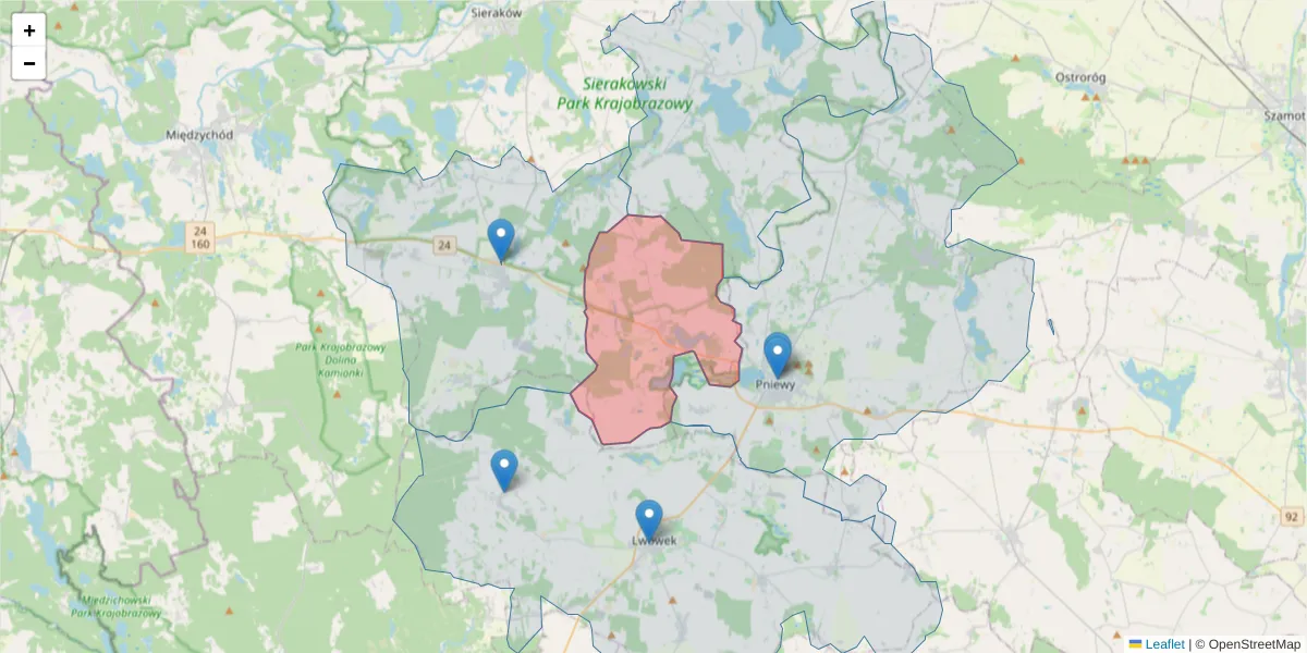 Szczegółowa mapa kodu pocztowego 64-423 z granicami, sąsiednimi kodami pocztowymi i urzędami pocztowymi