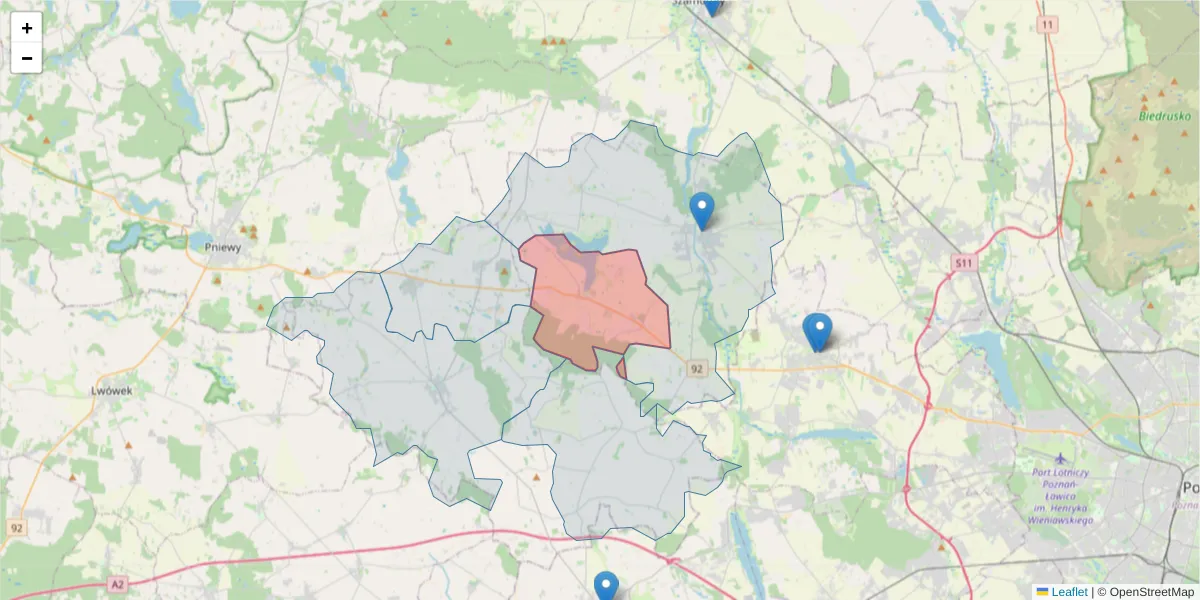 Szczegółowa mapa kodu pocztowego 64-542 z granicami, sąsiednimi kodami pocztowymi i urzędami pocztowymi