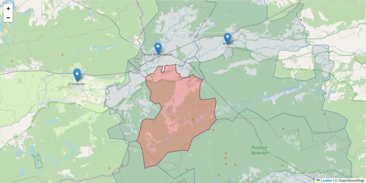 Szczegółowa mapa kodu pocztowego 64-733 z granicami, sąsiednimi kodami pocztowymi i urzędami pocztowymi