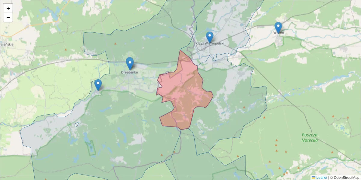 Szczegółowa mapa kodu pocztowego 64-734 z granicami, sąsiednimi kodami pocztowymi i urzędami pocztowymi