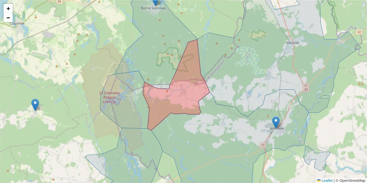 Szczegółowa mapa kodu pocztowego 64-962 z granicami, sąsiednimi kodami pocztowymi i urzędami pocztowymi
