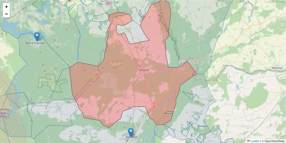 Szczegółowa mapa kodu pocztowego 64-965 z granicami, sąsiednimi kodami pocztowymi i urzędami pocztowymi
