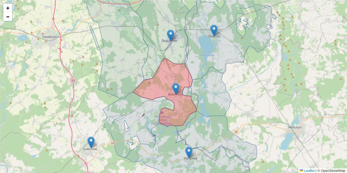 Szczegółowa mapa kodu pocztowego 66-110 z granicami, sąsiednimi kodami pocztowymi i urzędami pocztowymi
