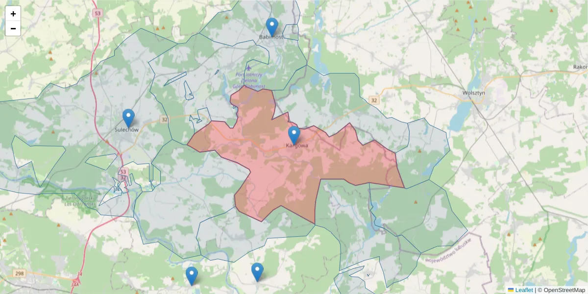 Szczegółowa mapa kodu pocztowego 66-120 z granicami, sąsiednimi kodami pocztowymi i urzędami pocztowymi
