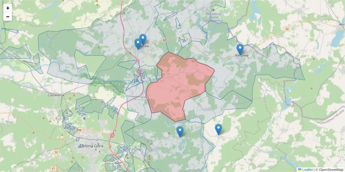 Szczegółowa mapa kodu pocztowego 66-132 z granicami, sąsiednimi kodami pocztowymi i urzędami pocztowymi