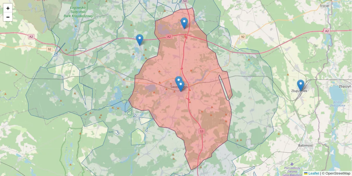 Szczegółowa mapa kodu pocztowego 66-200 z granicami, sąsiednimi kodami pocztowymi i urzędami pocztowymi