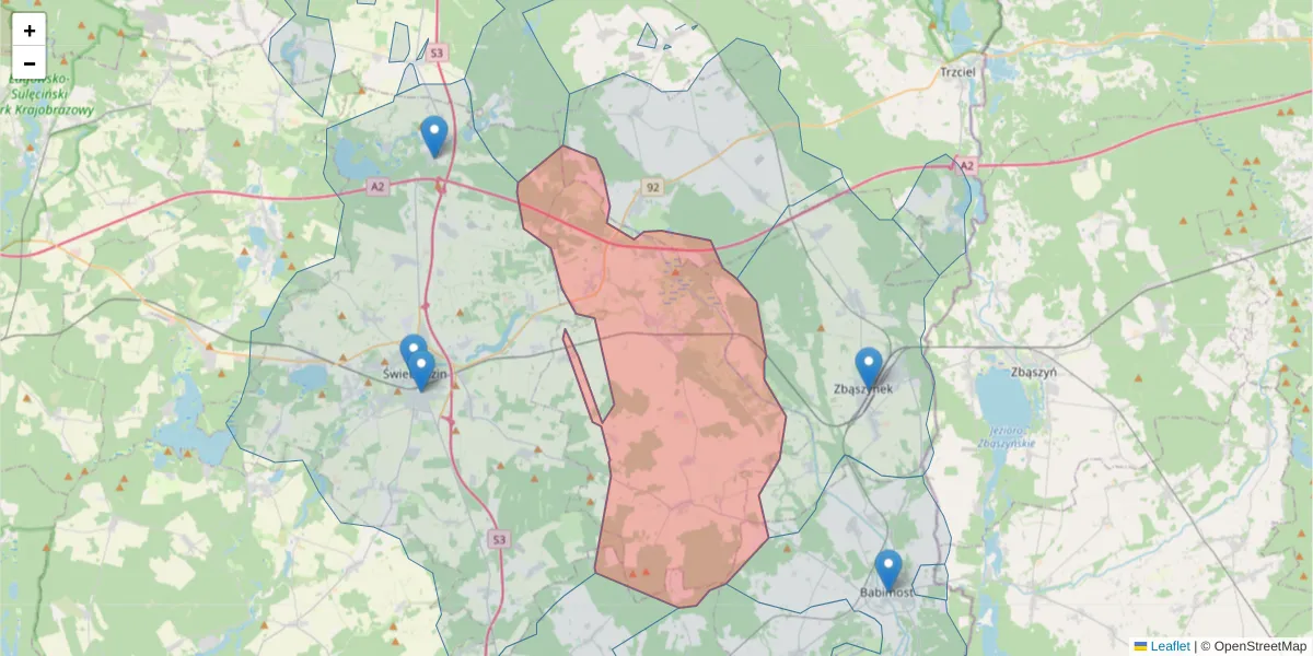 Szczegółowa mapa kodu pocztowego 66-225 z granicami, sąsiednimi kodami pocztowymi i urzędami pocztowymi