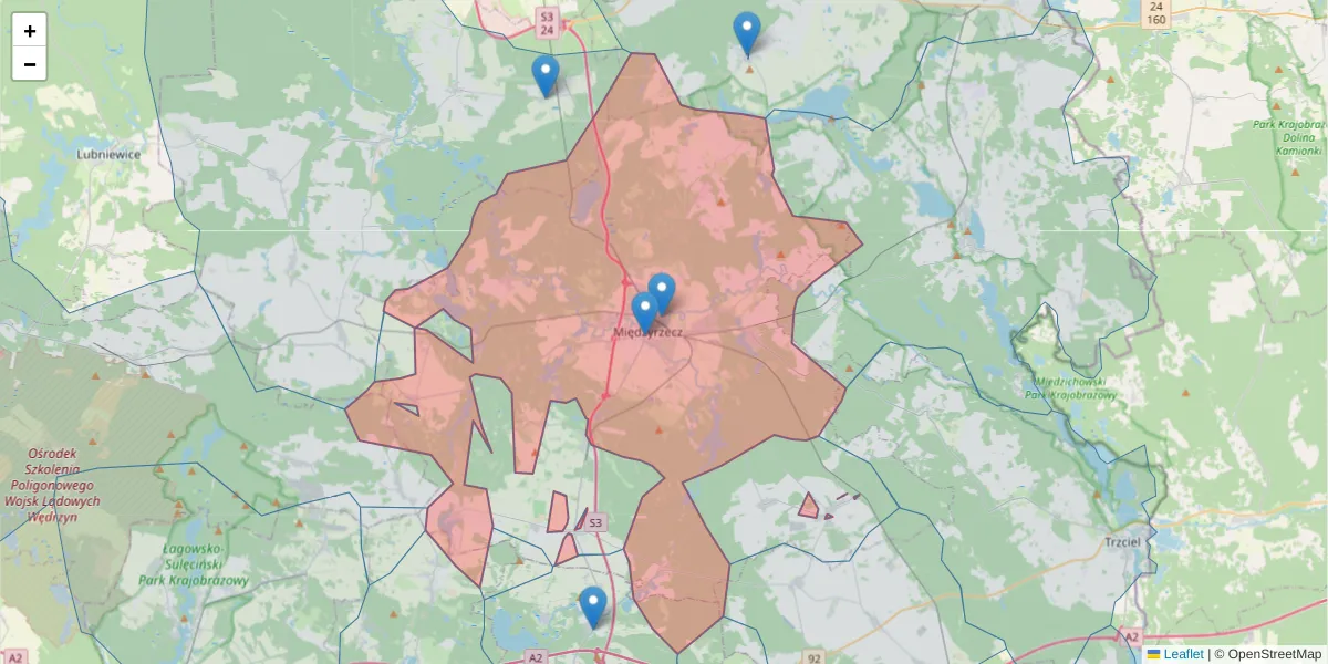 Szczegółowa mapa kodu pocztowego 66-300 z granicami, sąsiednimi kodami pocztowymi i urzędami pocztowymi