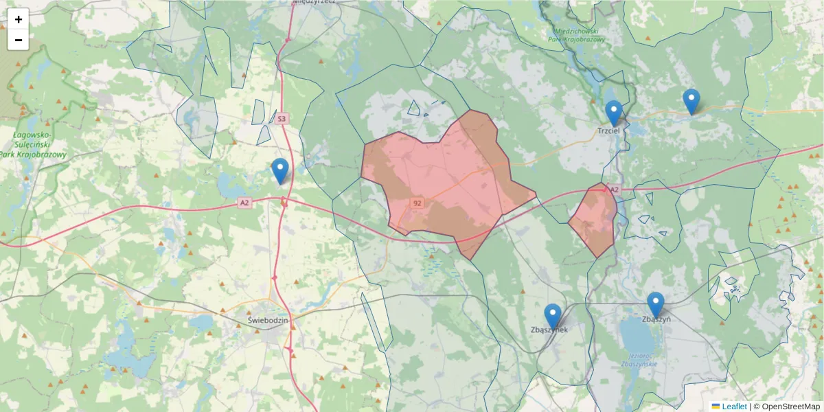 Szczegółowa mapa kodu pocztowego 66-304 z granicami, sąsiednimi kodami pocztowymi i urzędami pocztowymi