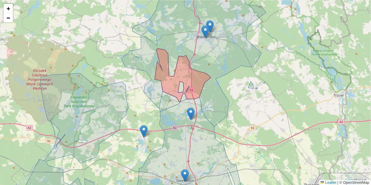 Szczegółowa mapa kodu pocztowego 66-305 z granicami, sąsiednimi kodami pocztowymi i urzędami pocztowymi