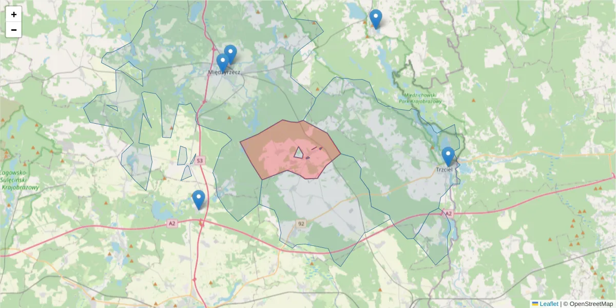 Szczegółowa mapa kodu pocztowego 66-313 z granicami, sąsiednimi kodami pocztowymi i urzędami pocztowymi