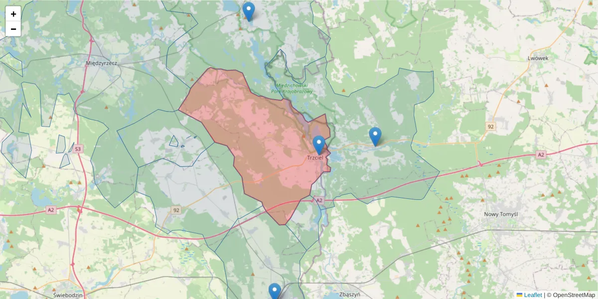 Szczegółowa mapa kodu pocztowego 66-320 z granicami, sąsiednimi kodami pocztowymi i urzędami pocztowymi
