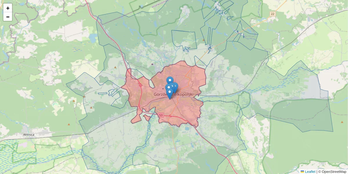 Szczegółowa mapa kodu pocztowego 66-400 z granicami, sąsiednimi kodami pocztowymi i urzędami pocztowymi