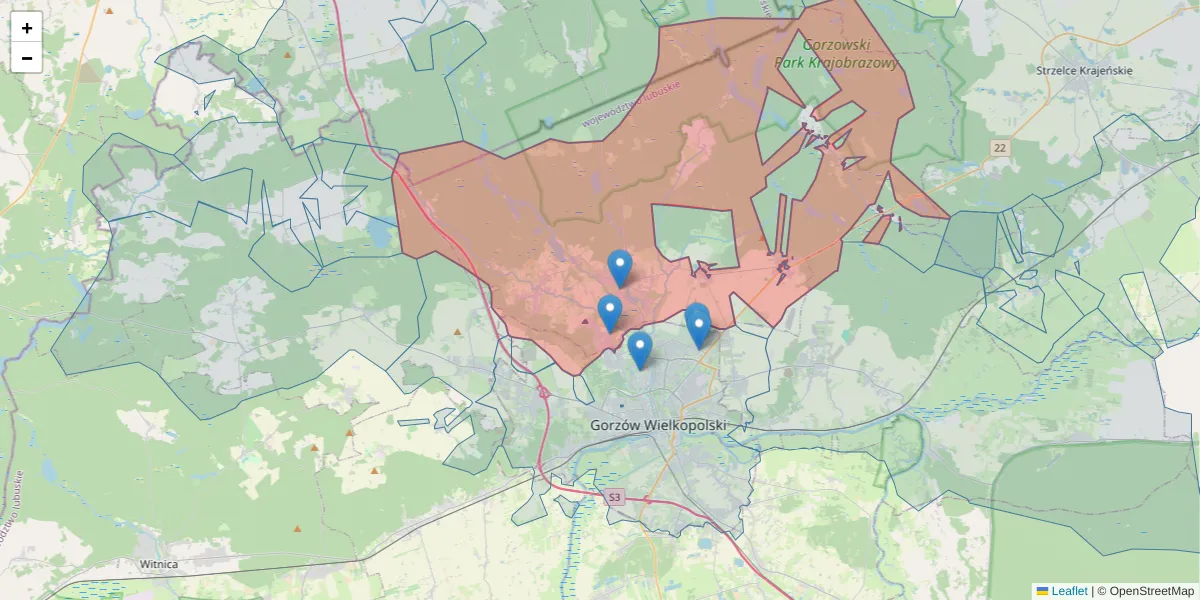 Szczegółowa mapa kodu pocztowego 66-415 z granicami, sąsiednimi kodami pocztowymi i urzędami pocztowymi