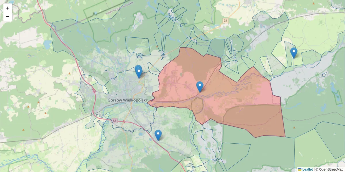Szczegółowa mapa kodu pocztowego 66-431 z granicami, sąsiednimi kodami pocztowymi i urzędami pocztowymi