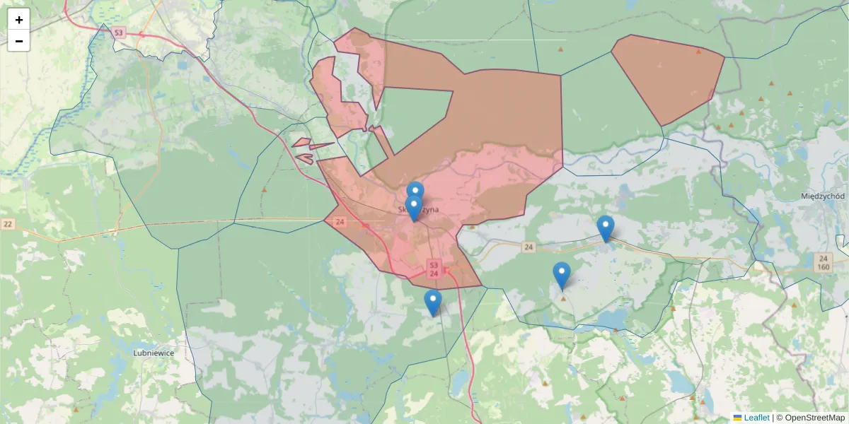 Szczegółowa mapa kodu pocztowego 66-440 z granicami, sąsiednimi kodami pocztowymi i urzędami pocztowymi