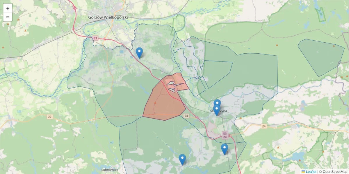 Szczegółowa mapa kodu pocztowego 66-445 z granicami, sąsiednimi kodami pocztowymi i urzędami pocztowymi