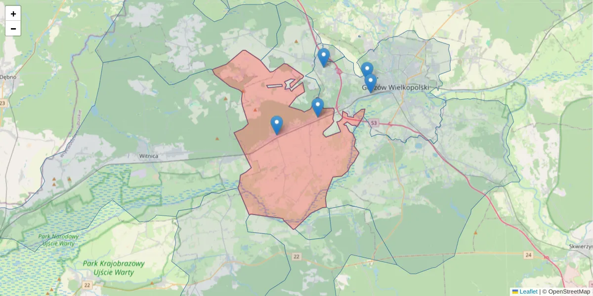 Szczegółowa mapa kodu pocztowego 66-450 z granicami, sąsiednimi kodami pocztowymi i urzędami pocztowymi