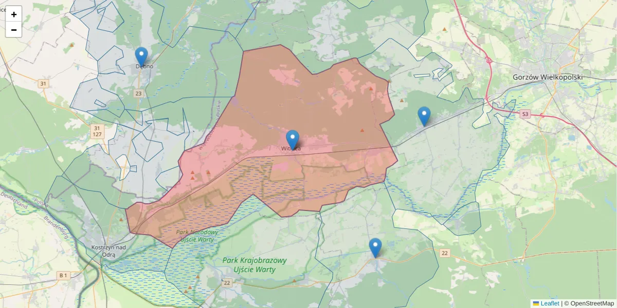 Szczegółowa mapa kodu pocztowego 66-460 z granicami, sąsiednimi kodami pocztowymi i urzędami pocztowymi