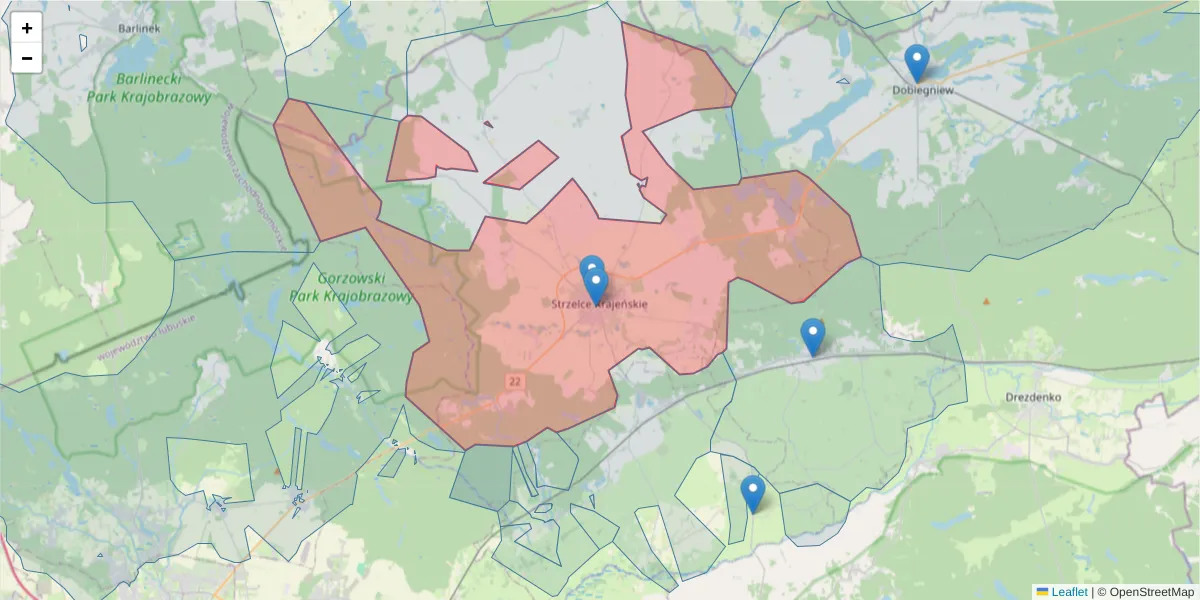 Szczegółowa mapa kodu pocztowego 66-500 z granicami, sąsiednimi kodami pocztowymi i urzędami pocztowymi