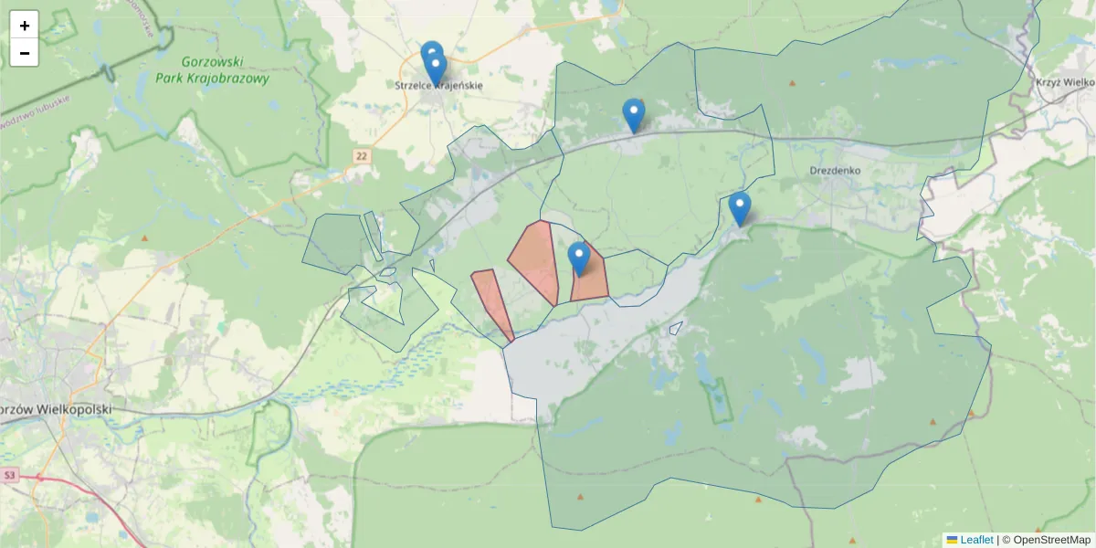 Szczegółowa mapa kodu pocztowego 66-505 z granicami, sąsiednimi kodami pocztowymi i urzędami pocztowymi