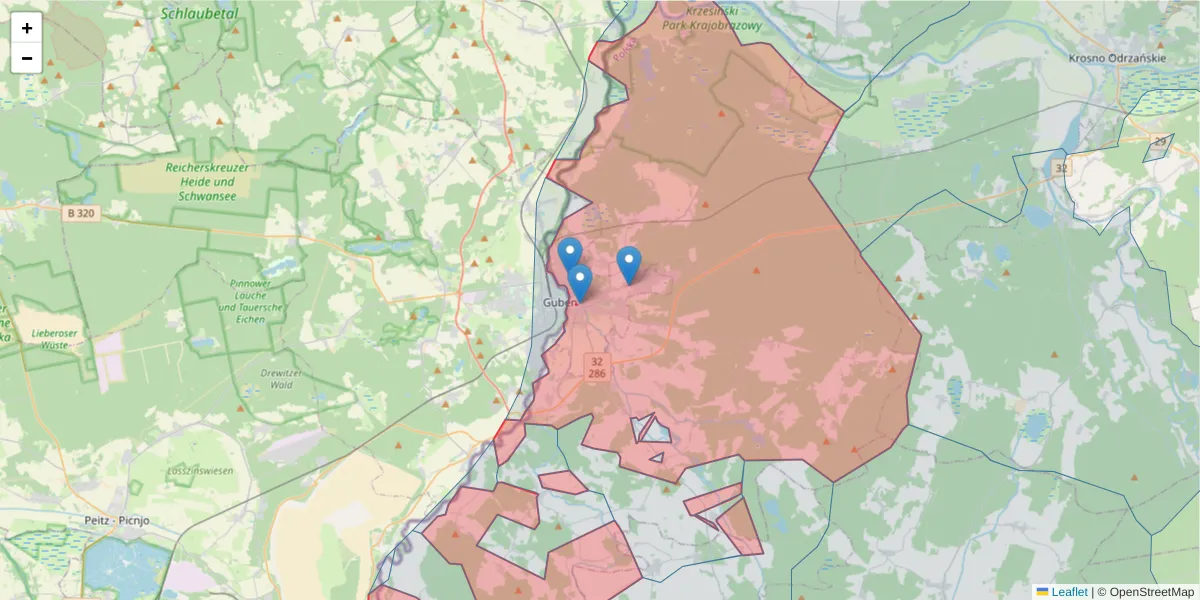 Szczegółowa mapa kodu pocztowego 66-620 z granicami, sąsiednimi kodami pocztowymi i urzędami pocztowymi