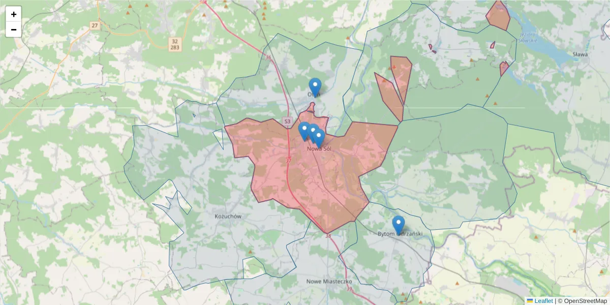 Szczegółowa mapa kodu pocztowego 67-100 z granicami, sąsiednimi kodami pocztowymi i urzędami pocztowymi