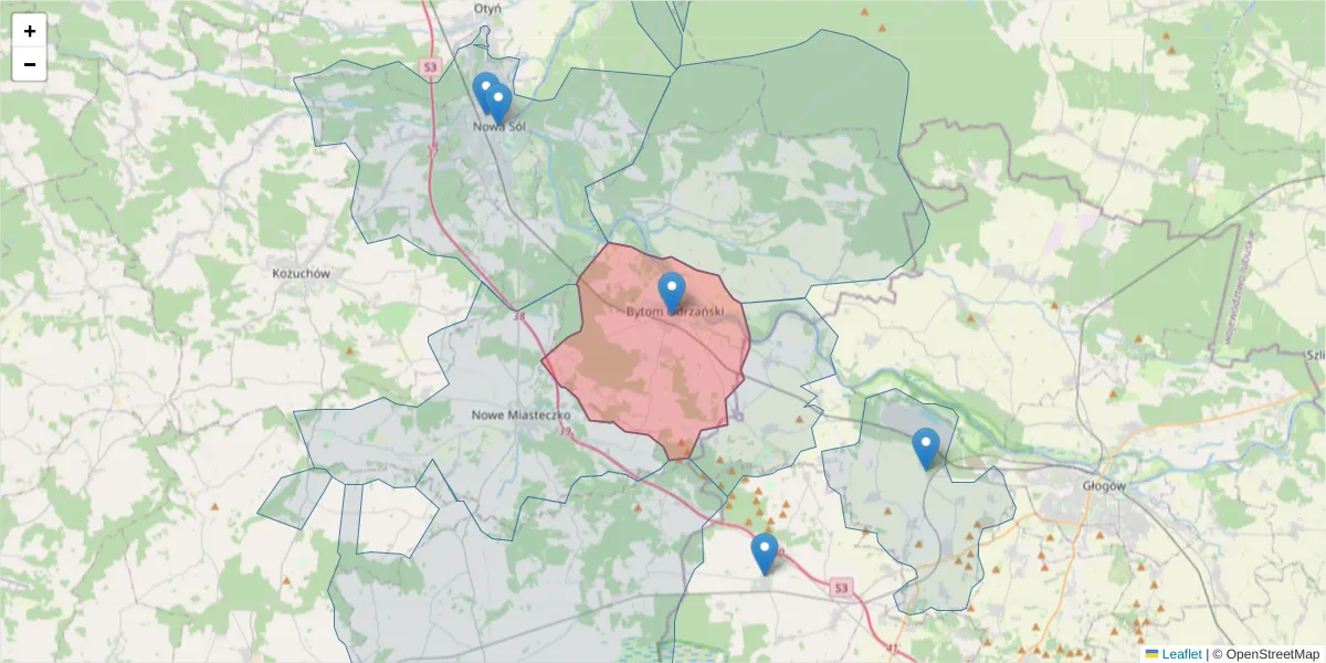 Szczegółowa mapa kodu pocztowego 67-115 z granicami, sąsiednimi kodami pocztowymi i urzędami pocztowymi