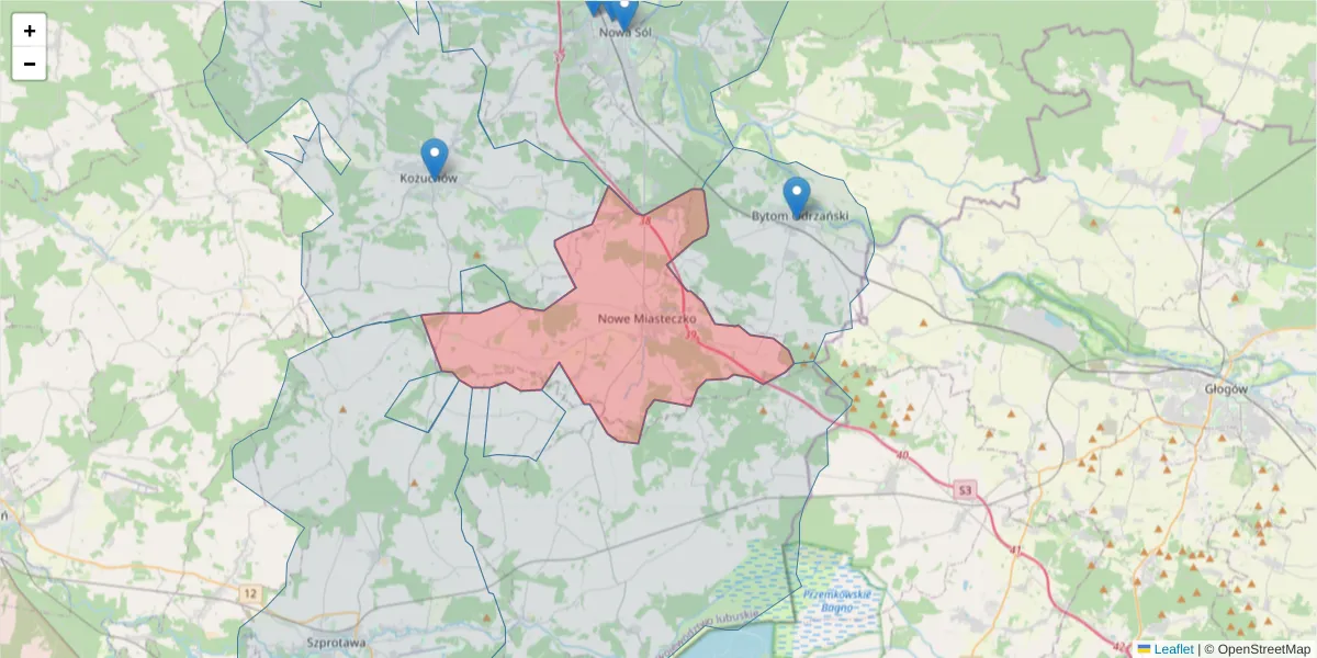 Szczegółowa mapa kodu pocztowego 67-124 z granicami, sąsiednimi kodami pocztowymi i urzędami pocztowymi