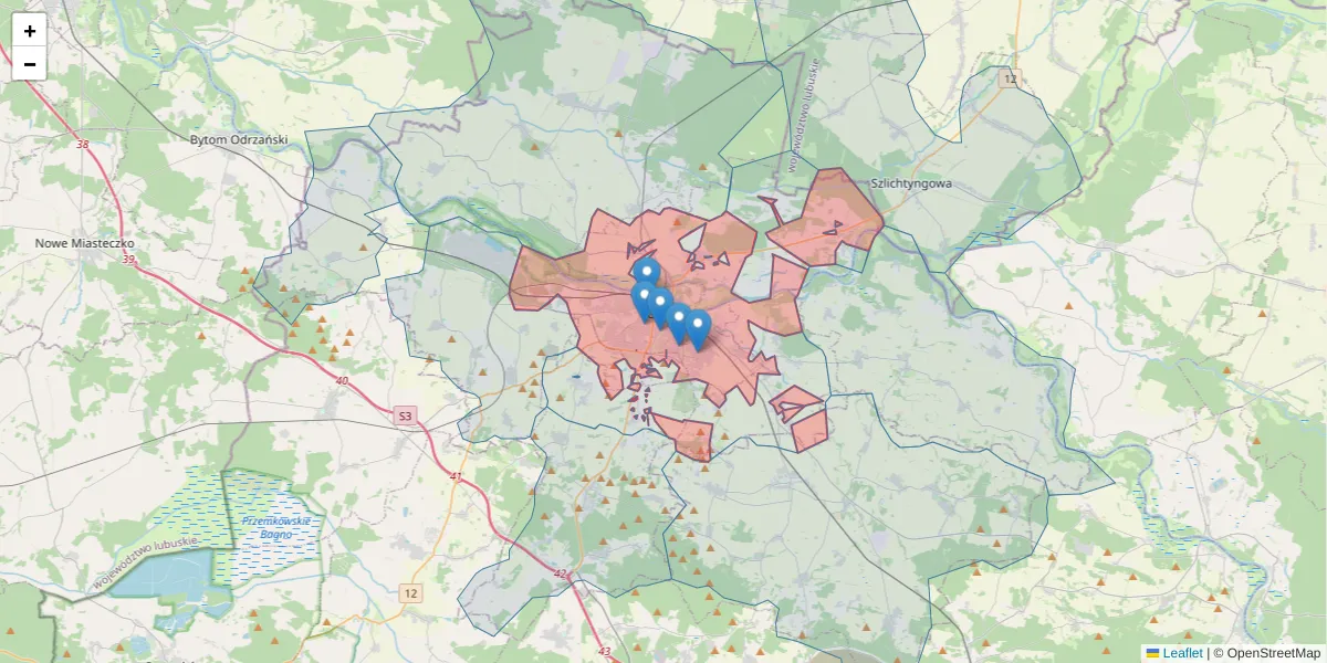 Szczegółowa mapa kodu pocztowego 67-200 z granicami, sąsiednimi kodami pocztowymi i urzędami pocztowymi