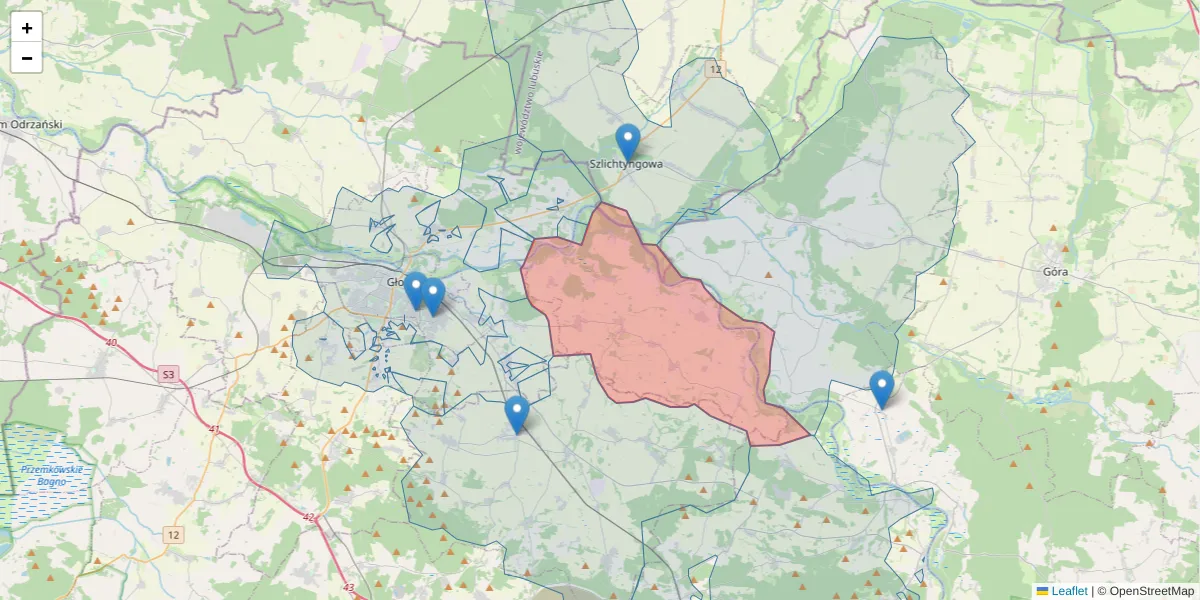 Szczegółowa mapa kodu pocztowego 67-221 z granicami, sąsiednimi kodami pocztowymi i urzędami pocztowymi