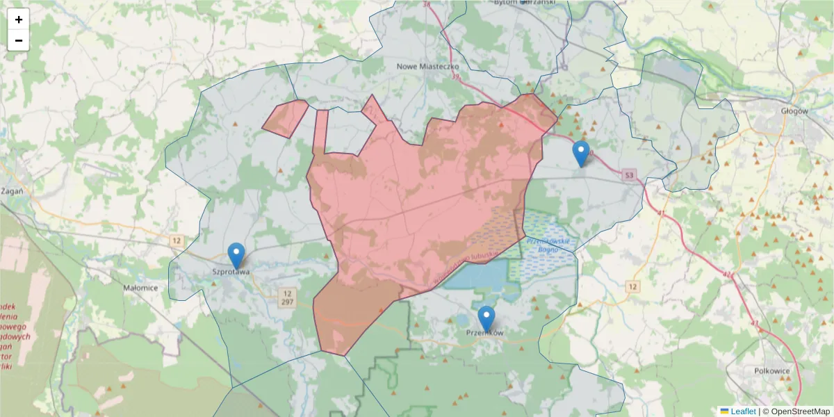 Szczegółowa mapa kodu pocztowego 67-312 z granicami, sąsiednimi kodami pocztowymi i urzędami pocztowymi