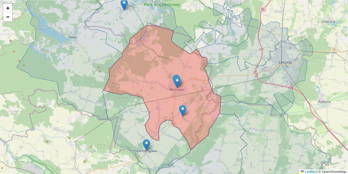 Szczegółowa mapa kodu pocztowego 67-400 z granicami, sąsiednimi kodami pocztowymi i urzędami pocztowymi