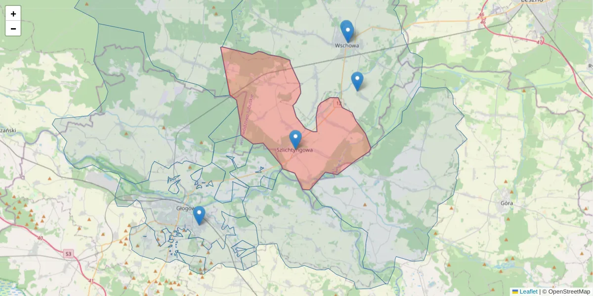 Szczegółowa mapa kodu pocztowego 67-407 z granicami, sąsiednimi kodami pocztowymi i urzędami pocztowymi