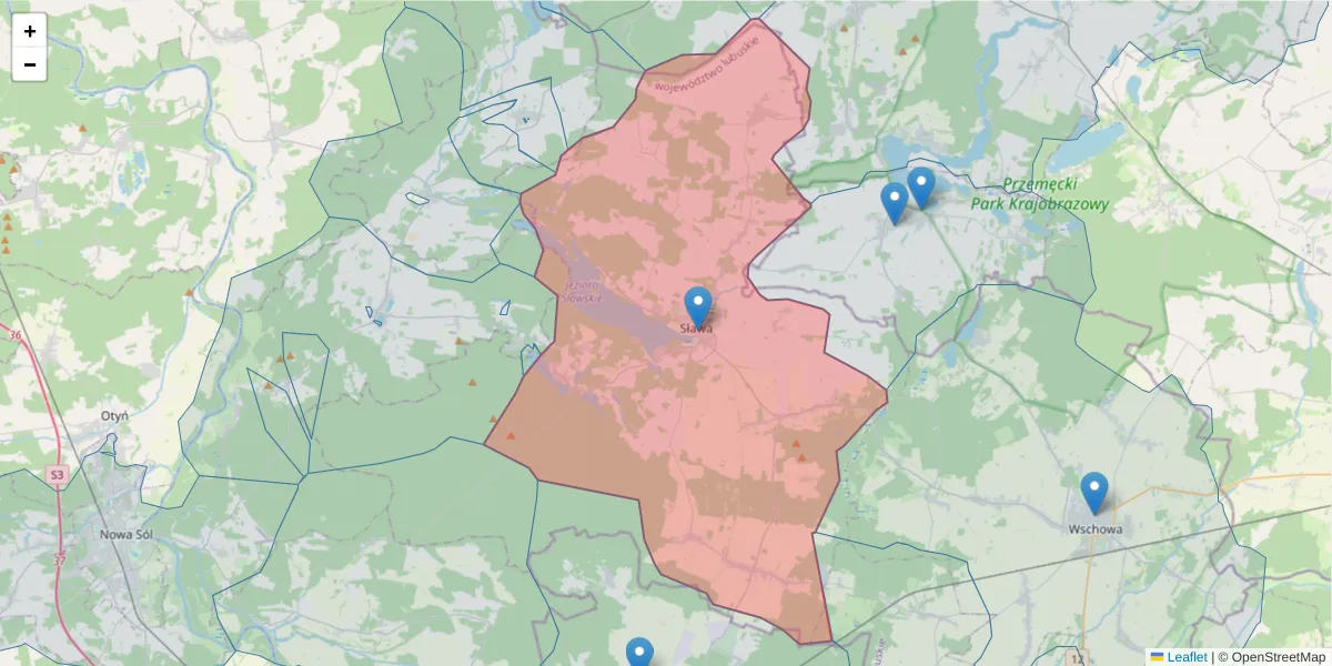 Szczegółowa mapa kodu pocztowego 67-410 z granicami, sąsiednimi kodami pocztowymi i urzędami pocztowymi