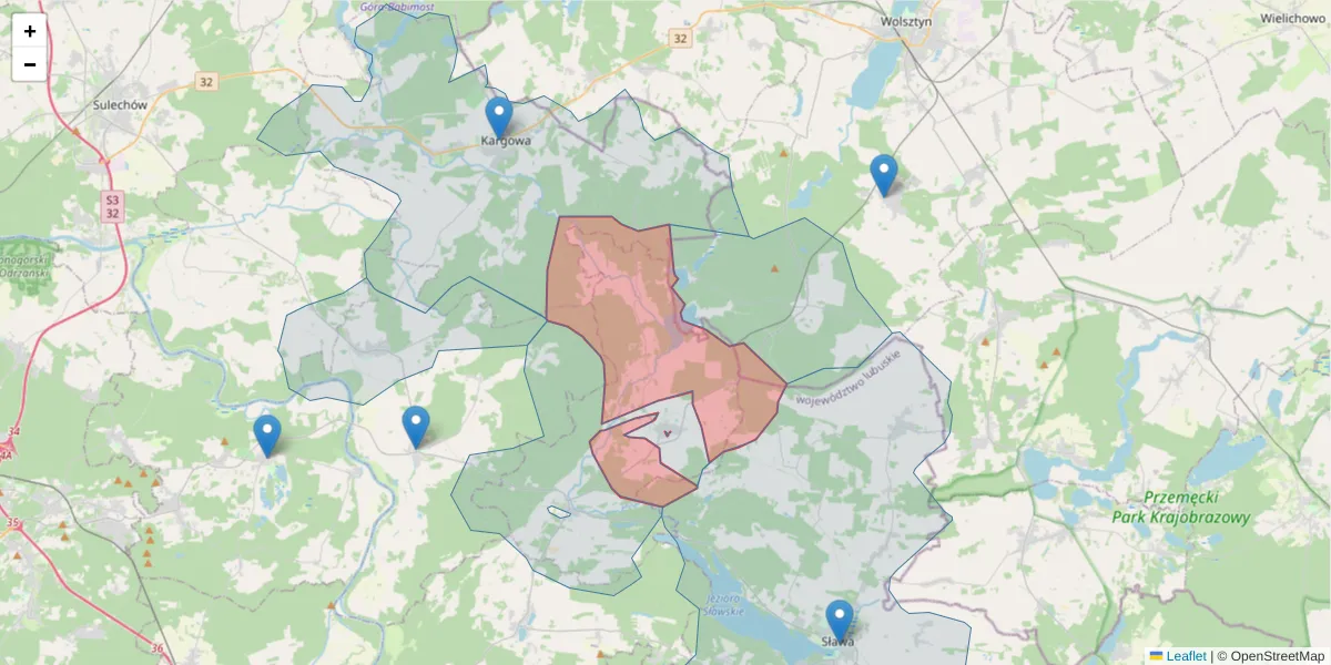 Szczegółowa mapa kodu pocztowego 67-415 z granicami, sąsiednimi kodami pocztowymi i urzędami pocztowymi