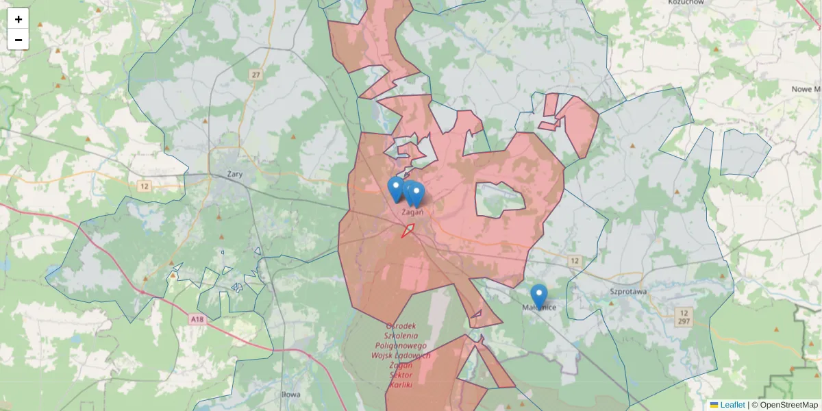 Szczegółowa mapa kodu pocztowego 68-100 z granicami, sąsiednimi kodami pocztowymi i urzędami pocztowymi
