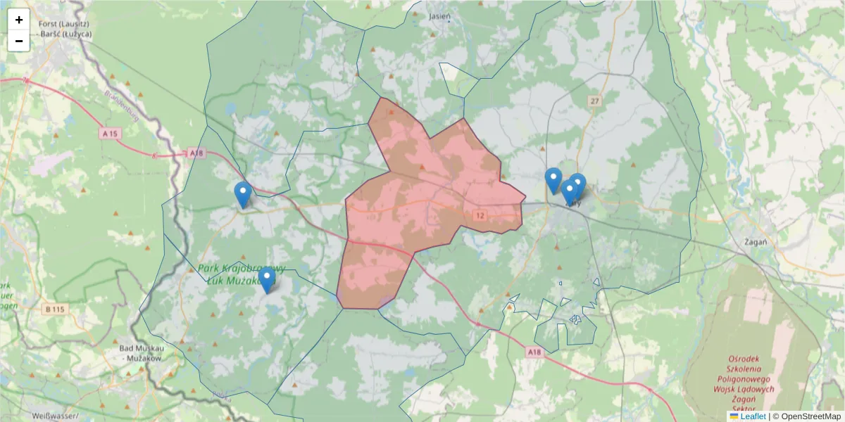 Szczegółowa mapa kodu pocztowego 68-213 z granicami, sąsiednimi kodami pocztowymi i urzędami pocztowymi