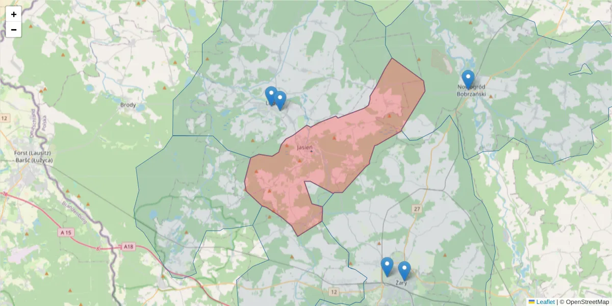 Szczegółowa mapa kodu pocztowego 68-320 z granicami, sąsiednimi kodami pocztowymi i urzędami pocztowymi