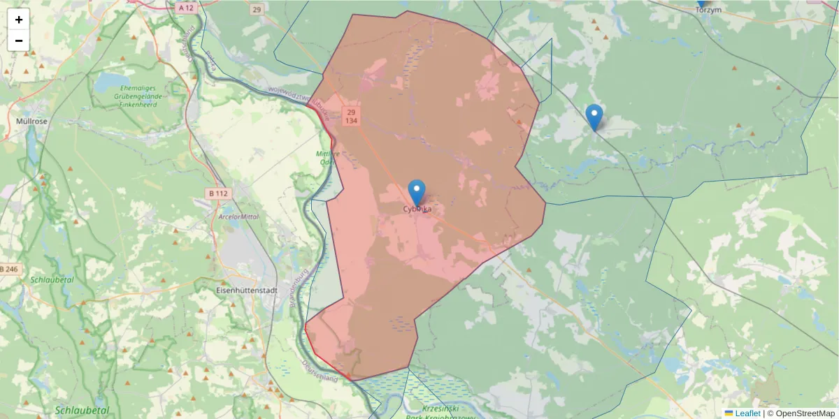 Szczegółowa mapa kodu pocztowego 69-108 z granicami, sąsiednimi kodami pocztowymi i urzędami pocztowymi