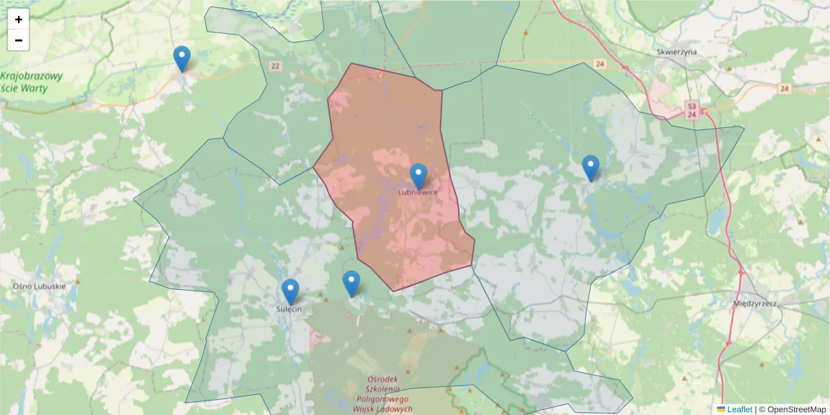 Szczegółowa mapa kodu pocztowego 69-210 z granicami, sąsiednimi kodami pocztowymi i urzędami pocztowymi