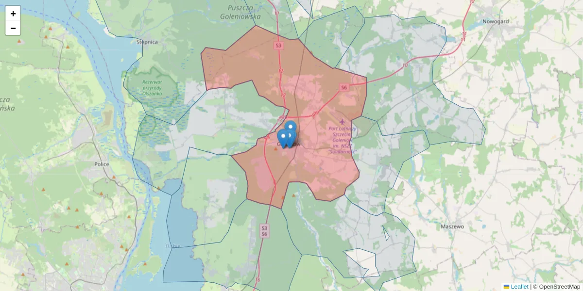 Szczegółowa mapa kodu pocztowego 72-100 z granicami, sąsiednimi kodami pocztowymi i urzędami pocztowymi