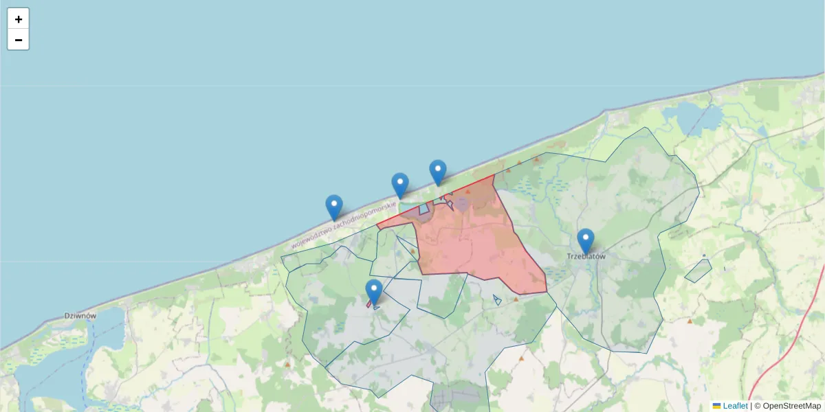 Szczegółowa mapa kodu pocztowego 72-350 z granicami, sąsiednimi kodami pocztowymi i urzędami pocztowymi