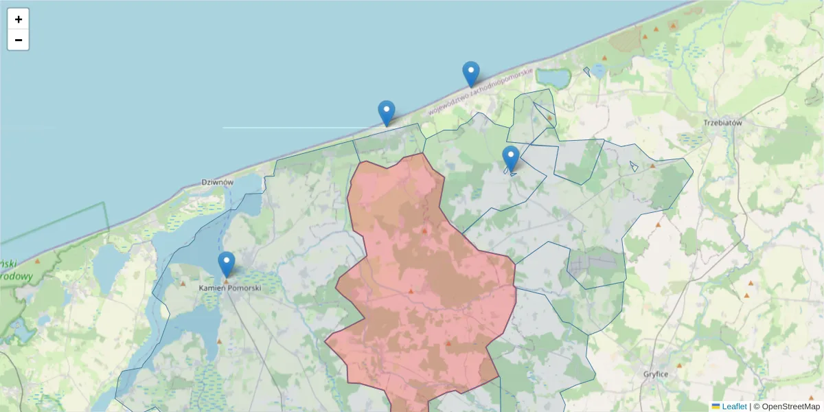 Szczegółowa mapa kodu pocztowego 72-405 z granicami, sąsiednimi kodami pocztowymi i urzędami pocztowymi