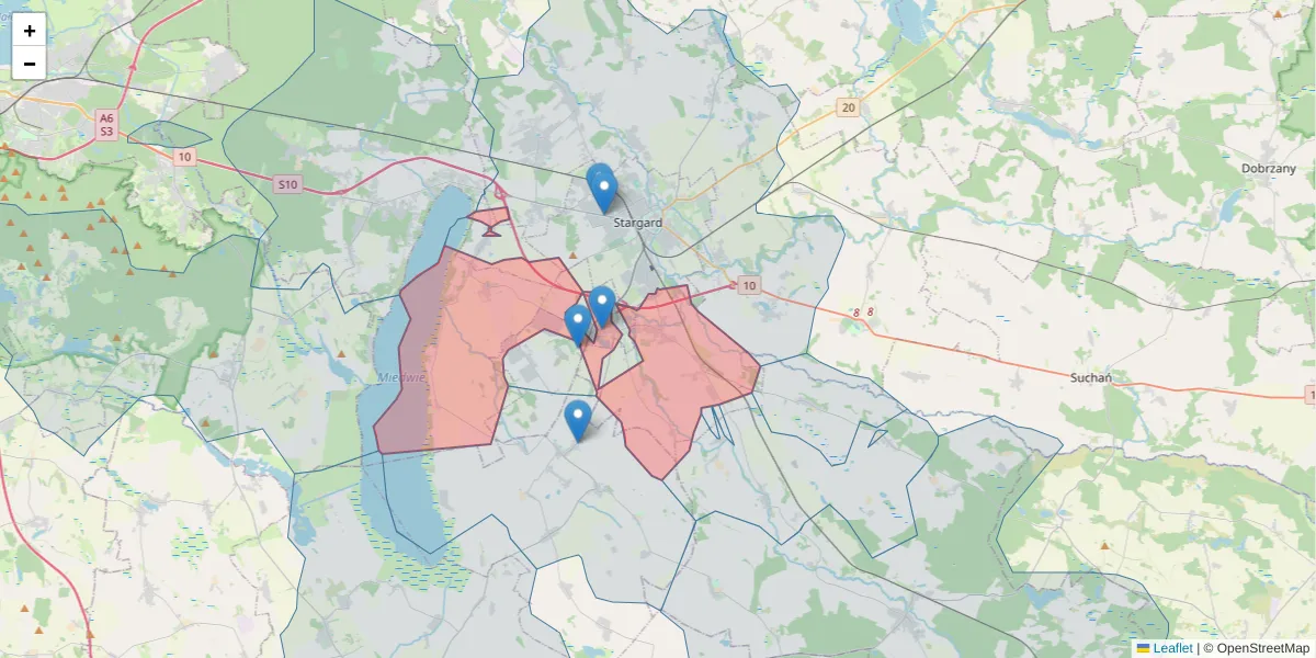 Szczegółowa mapa kodu pocztowego 73-102 z granicami, sąsiednimi kodami pocztowymi i urzędami pocztowymi
