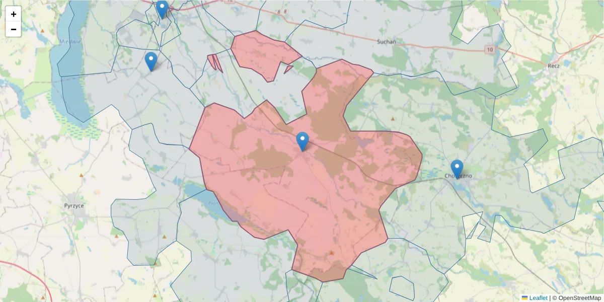Szczegółowa mapa kodu pocztowego 73-115 z granicami, sąsiednimi kodami pocztowymi i urzędami pocztowymi