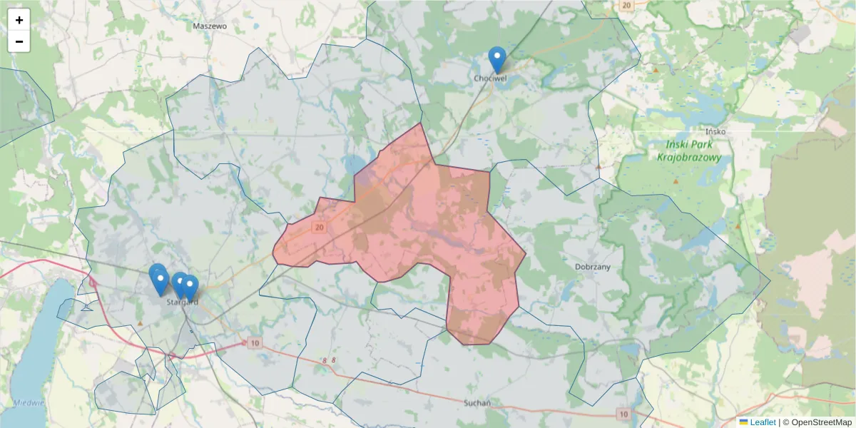 Szczegółowa mapa kodu pocztowego 73-121 z granicami, sąsiednimi kodami pocztowymi i urzędami pocztowymi