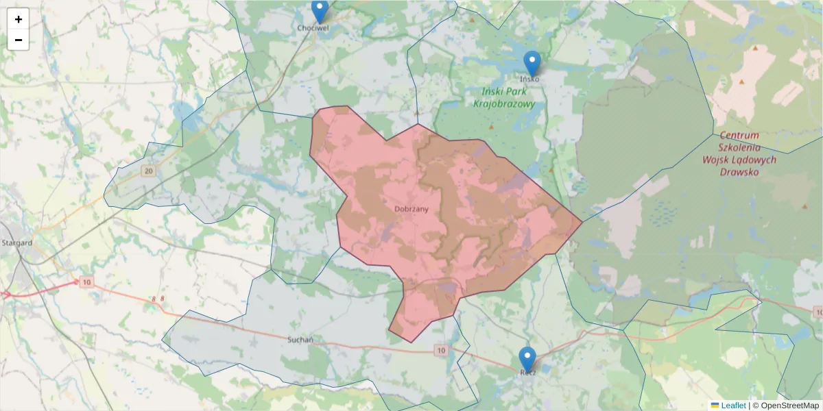 Szczegółowa mapa kodu pocztowego 73-130 z granicami, sąsiednimi kodami pocztowymi i urzędami pocztowymi